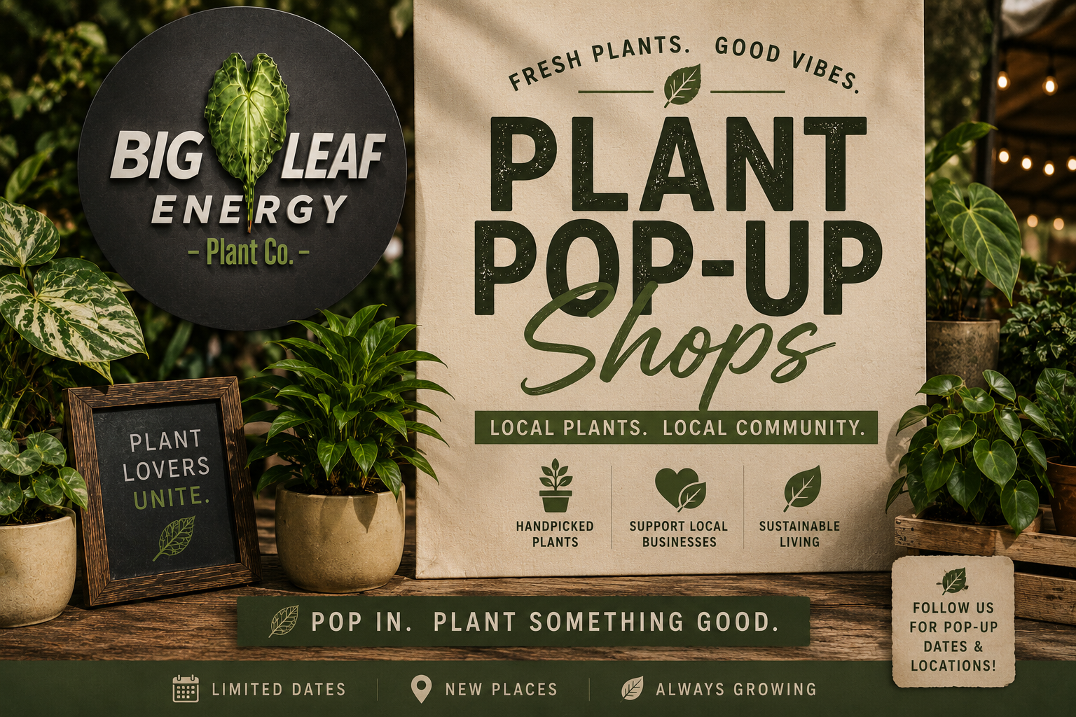 Signage at a plant pop-up shop with potted plants around, promoting local and sustainable plants, supporting local businesses, and encouraging plant love.