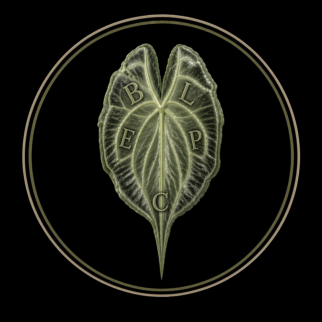A stylized leaf with gold outlines and internal veins, featuring the words 'BELL' and 'PEACE' arranged within the leaf, set against a black background with gold circular border.