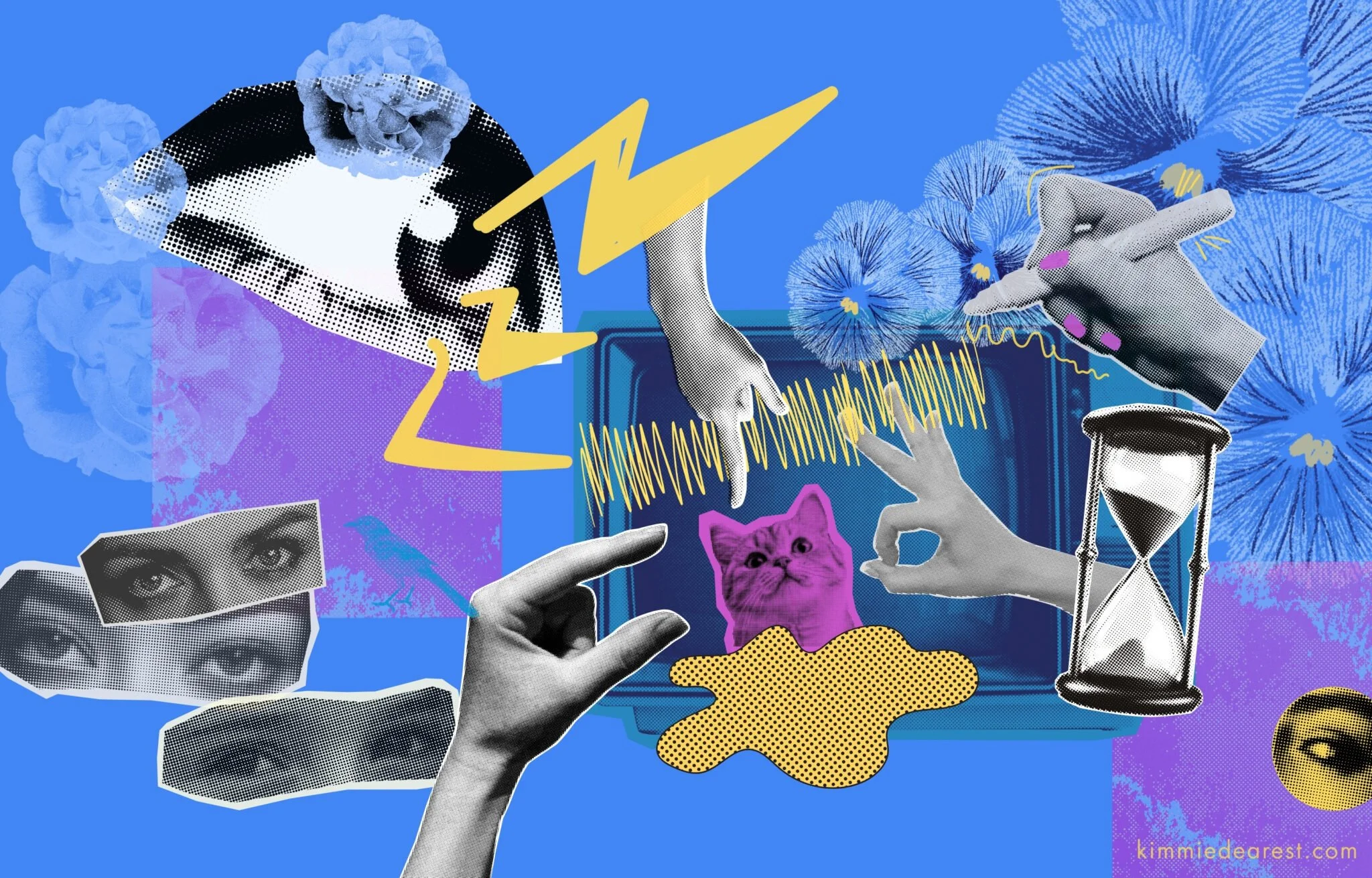 An abstract collage with a blue background and cutouts of grey eyes and hands making signs, a pink cat, blue flowers, a grey hourglass, and yellow electricity signs.
