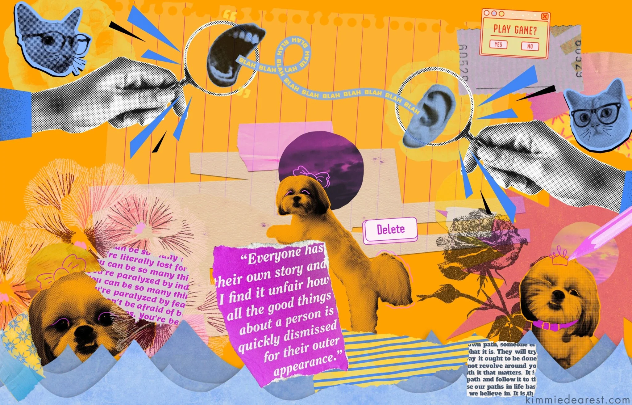 An abstract collage with an orange background and blue, orange, and gray print images of small dogs, cats with glasses, hands, a mouth and an ear, and waves.