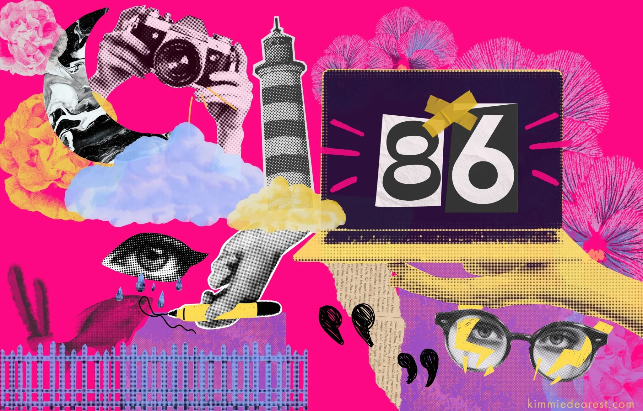 An abstract collage with a pink background and grey, pink, yellow, and blue cutouts of a crying eye, fish, lighthouse, hands holding a camera, and a hand holding a laptop with 86 taped to the string.