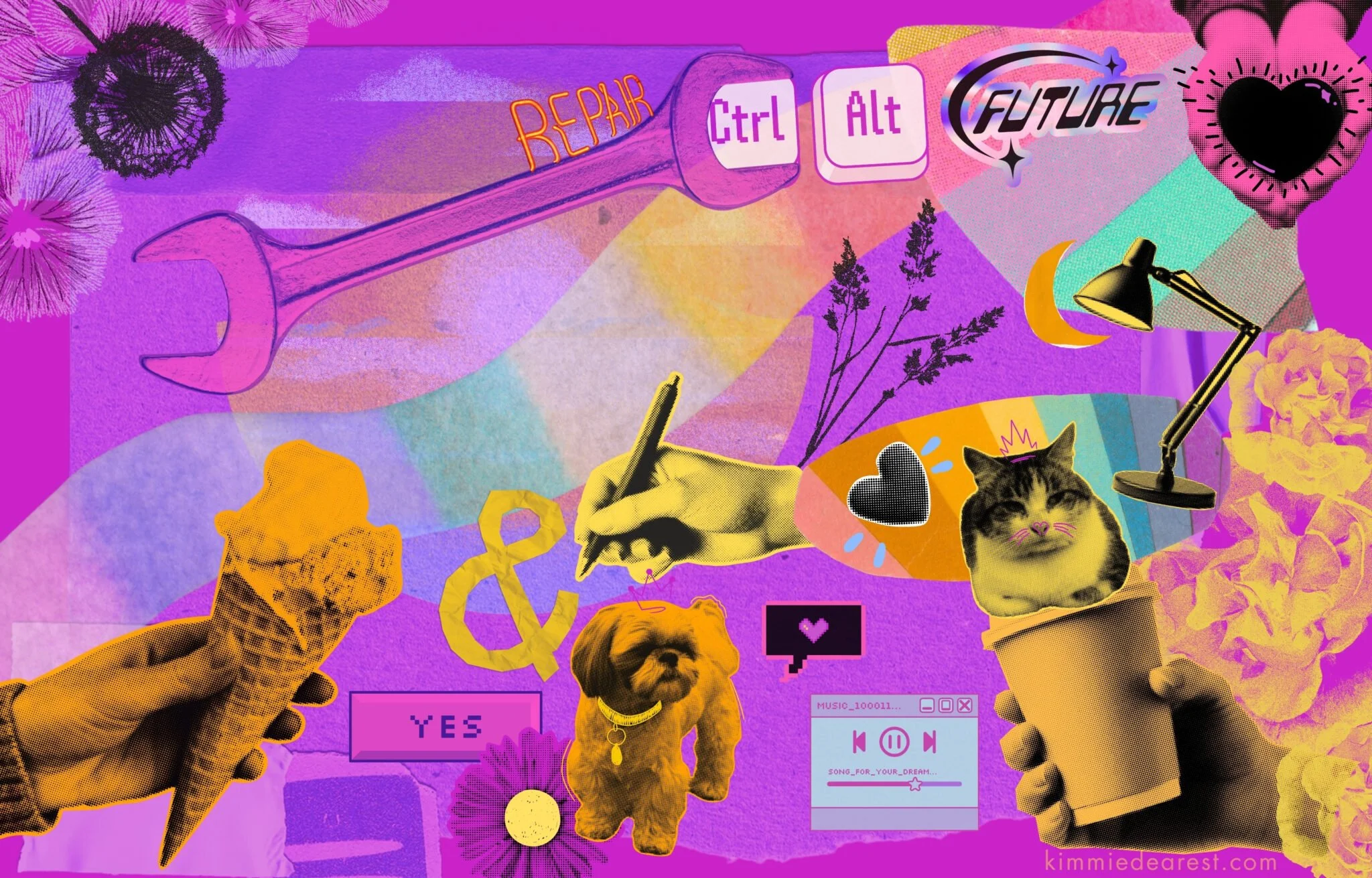 An abstract collage with pink and purple backgrounds and an orange hand holding an ice cream cone, an orange dog and a cup with a cat in it, a pink wrench with a neon sign that says Repair and pink hands holding a purple heart.