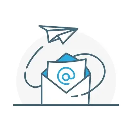 A stylized illustration of an email inbox with an envelope, a letter with the '@' symbol, and a paper airplane flying above.