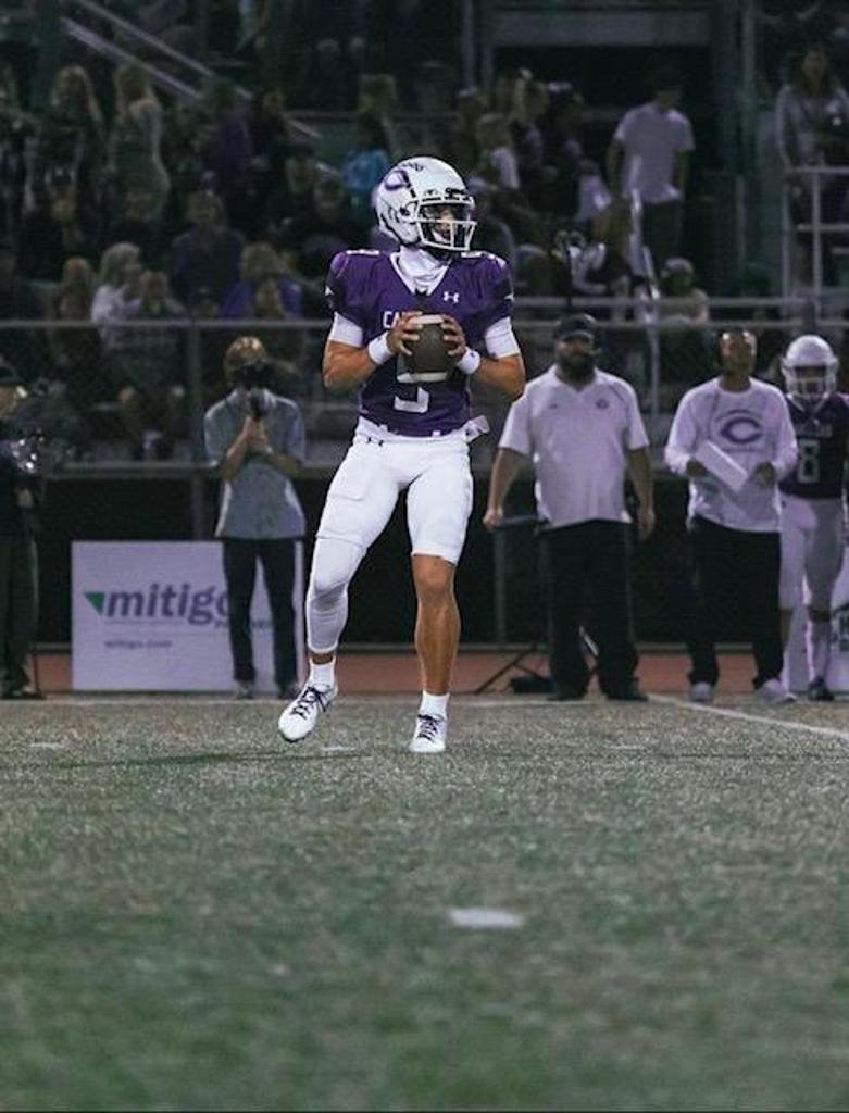 American football player in purple jersey and white pants prepares to throw the ball on the field during game, with spectators and coaches watching in the background.