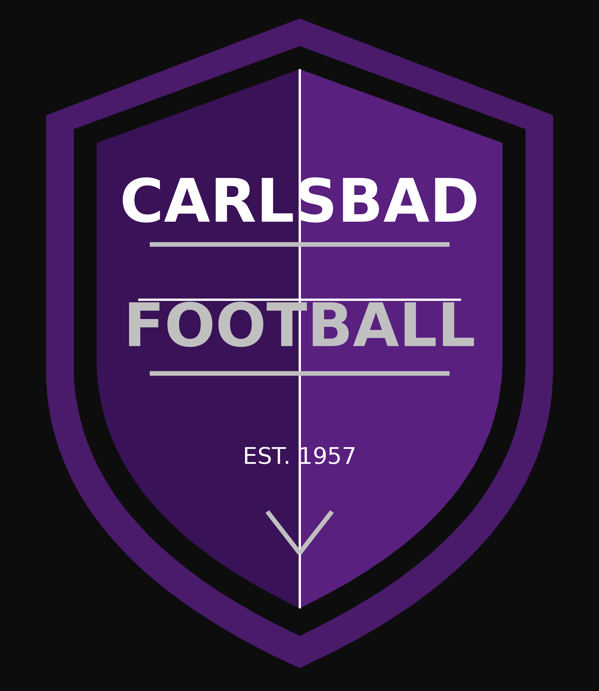 Logo of Carlsbad Football, established in 1957, featuring a purple and black shield with white and gray text.