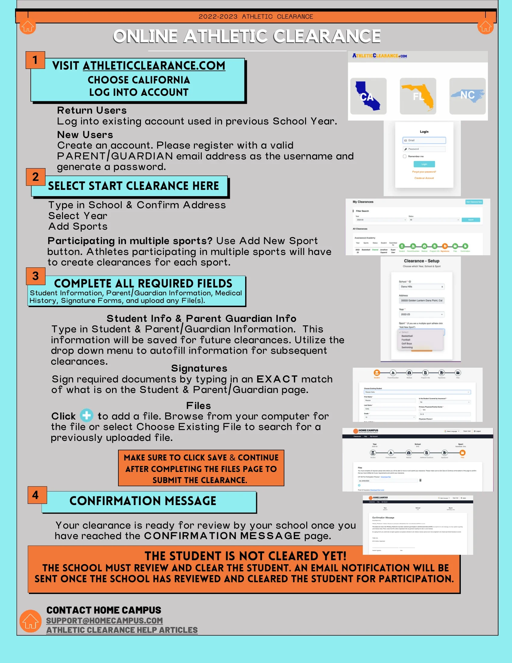 Guide for online athletic clearance process including steps for visiting athletic clearance website, creating and logging into account, selecting start clearance, completing required fields, submitting, and confirmation message. Contains screenshots of the website interface and instructions for students and parents.