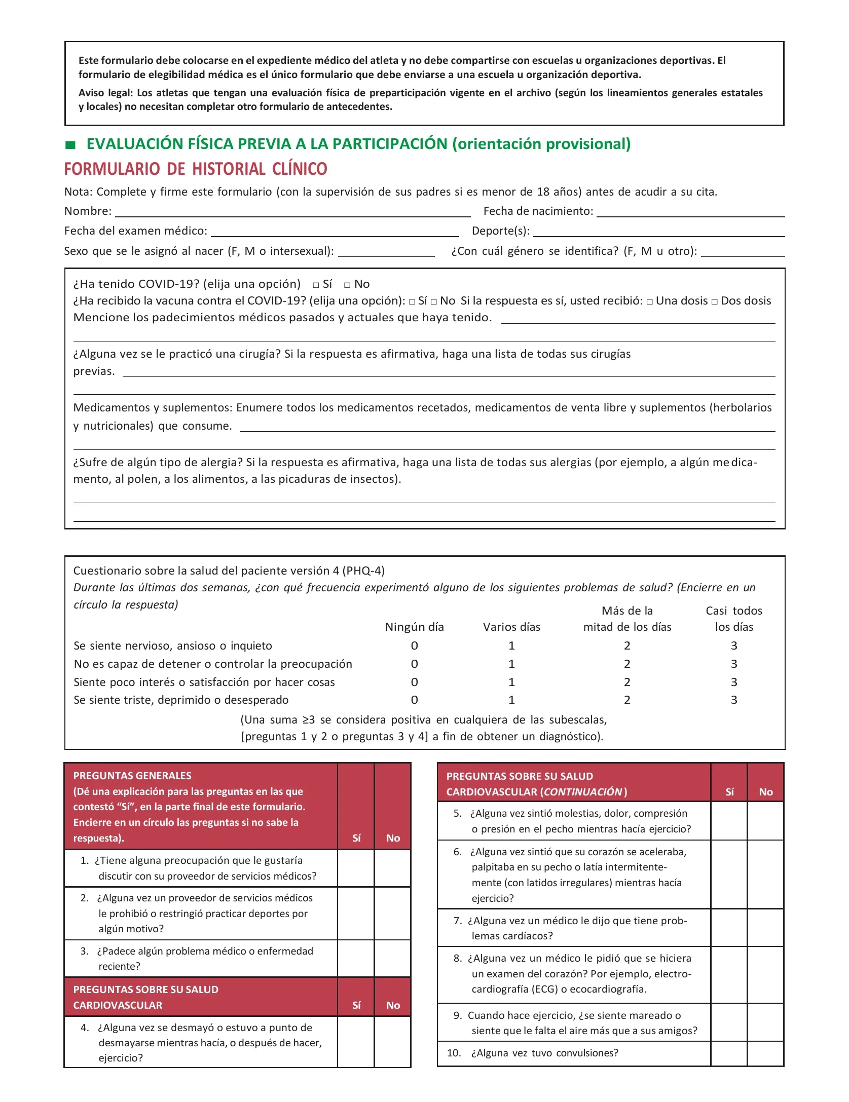 A medical questionnaire in Spanish focused on cardiovascular health, including sections for patient history, recent health issues, and questions about exercise and stress symptoms.