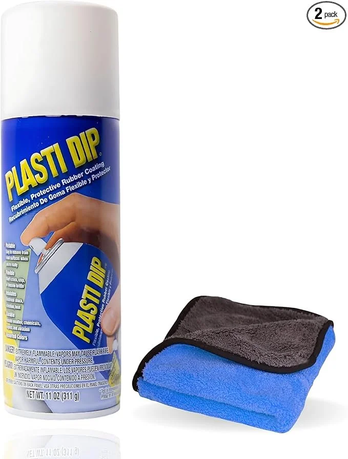 A can of Plast Dip spray coating beside a black and blue cleaning cloth.