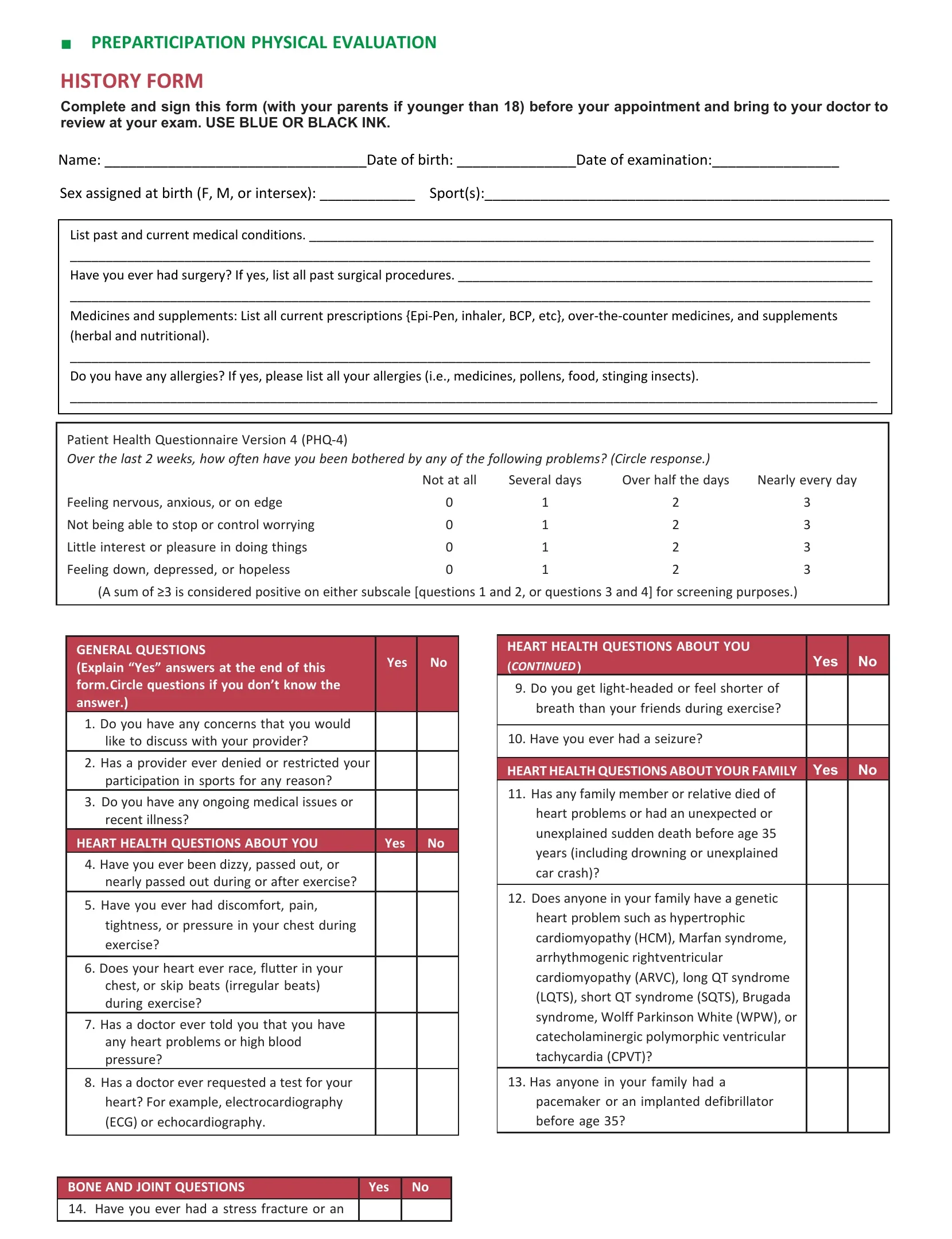 A medical questionnaire titled 'Preparticipation Physical Evaluation' with sections on medical history, heart health, and bone and joint questions, including checkboxes for Yes or No responses.