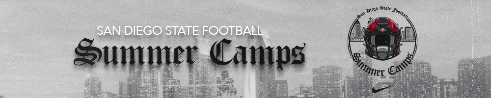 Banner for San Diego State Football Summer Camps with city skyline background and SDSU football helmet logo