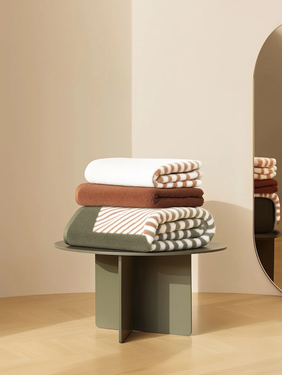 Stacked neatly folded towels of various colors and patterns on a contemporary side table, with a mirror reflecting part of the display.