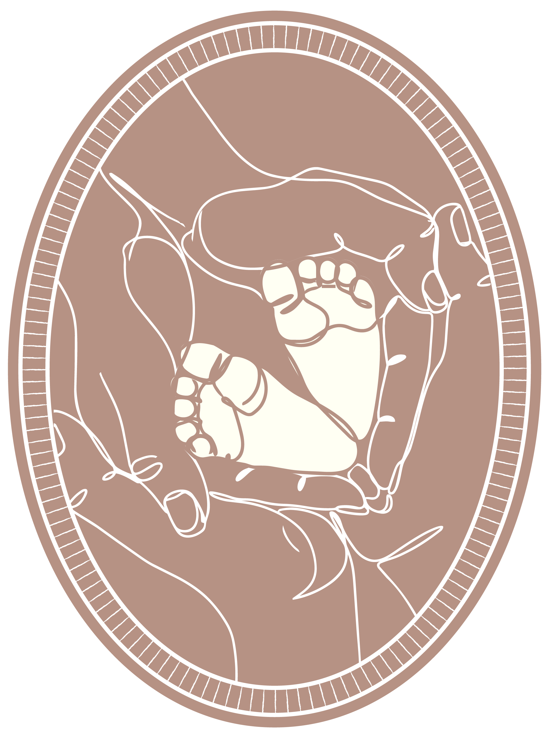 Medical illustration of the female pelvis skeletal structure, including hips and reproductive organs, depicted in outline with a brown background and white lines.