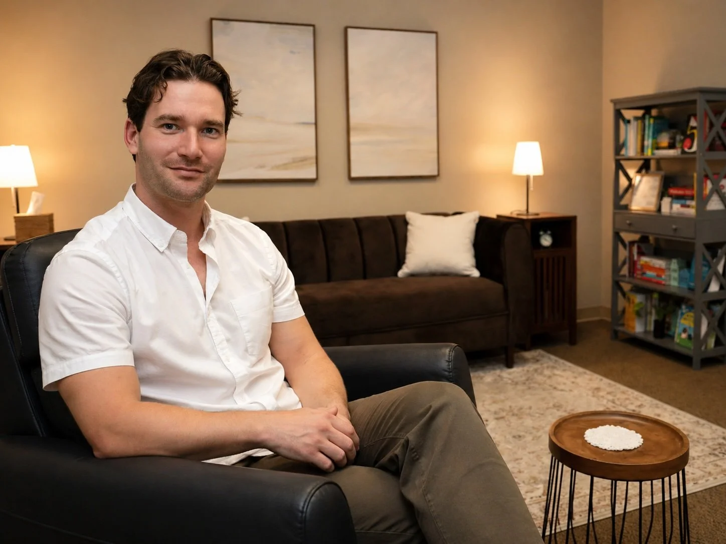 Therapist Jonatan Sumavsky seated in his Westlake Village counseling office