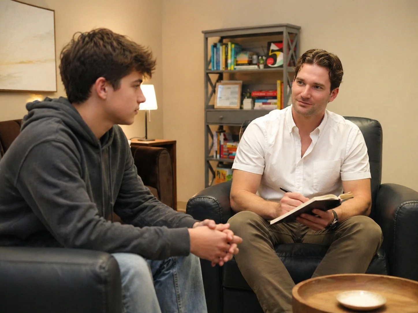 Jonatan Sumavsky in a therapy session with a teenage boy in his Westlake Village office