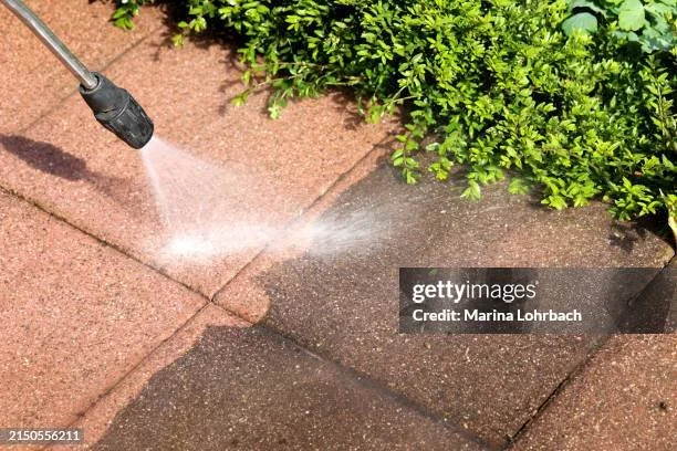 A power washer cleaning a brick patio with water spray near green bushes.