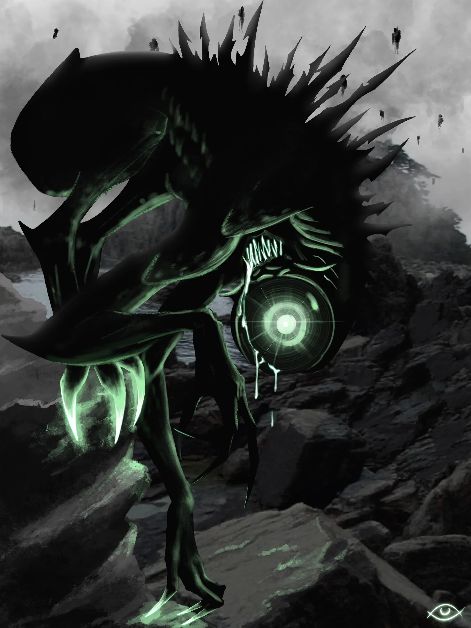 A dark, fierce creature with glowing green accents, sharp claws, and a spiked back, emerging from a rocky landscape under a cloudy sky, with a glowing green eye.