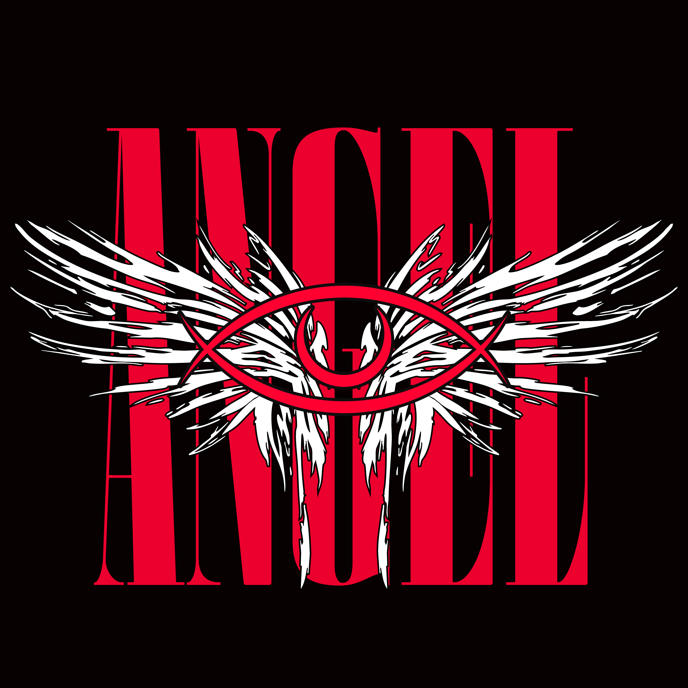 A graphic design featuring the word 'Angel' in large red letters with a stylized white angel wing and a red eye symbol in the center on a black background.