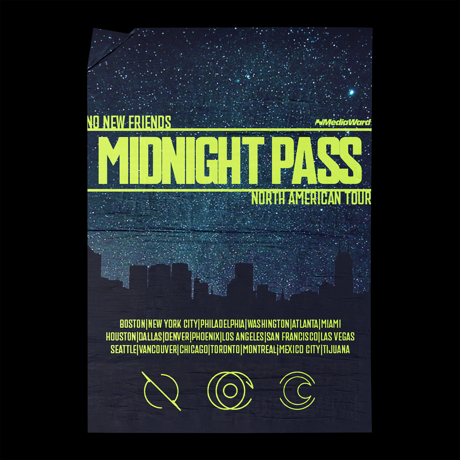 Midnight Pass North American tour poster featuring starry sky background and city skyline, listing tour cities and icons for no flash, filming, and alcohol restrictions.