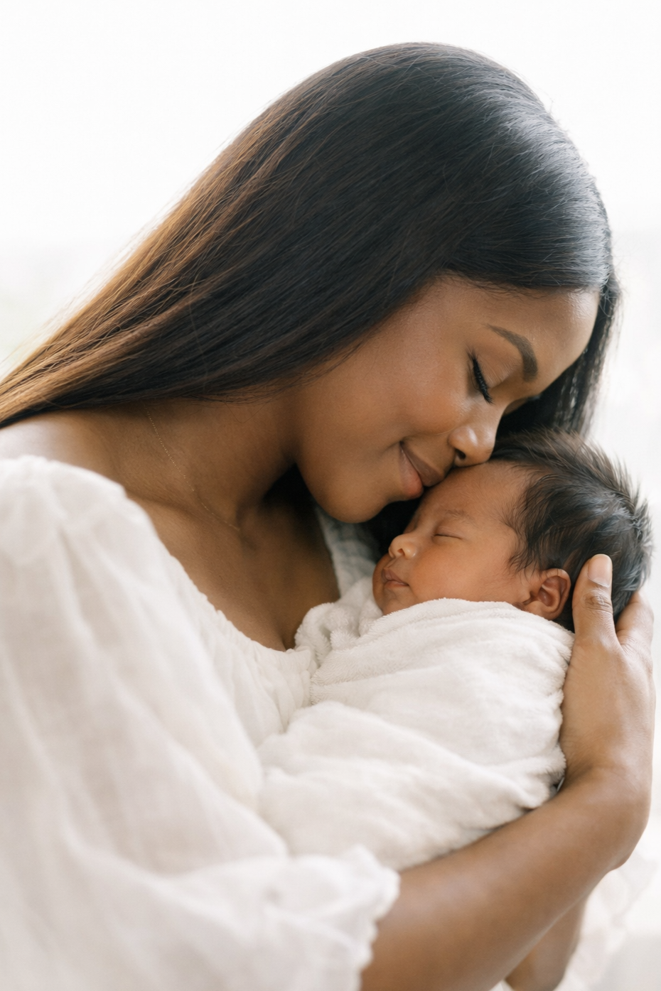 A woman lovingly holding and kissing a sleeping newborn baby wrapped in a white blanket.