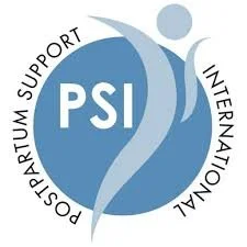 Postpartum Support International, featuring a stylized figure with arms raised inside a circular design with the text 'Postpartum Support International' and the abbreviation 'PSI' in the center.