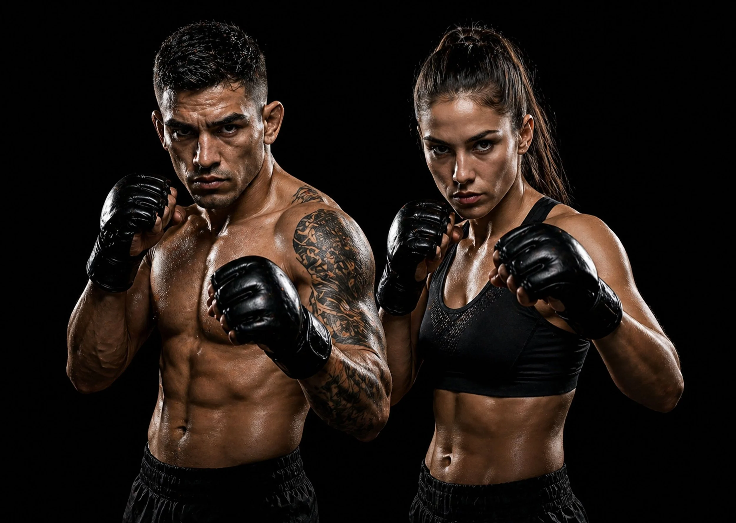 Un hombre y una mujer en ropa de entrenamiento de boxeo posando con guantes de boxeo negros, mirándose con intensidad en un fondo negro.