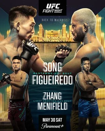 Cartel promocional de UFC Fight Night con peleadores en posición de pelea, mostrando los nombres Song y Zhang, detalles del evento y fecha, en un fondo de ciudad por la noche.