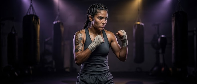 Una mujer en un gimnasio, en posición de pelea de boxeo, con el cabello en trenzas y vestida con ropa deportiva, rodeada de sacos de boxeo y equipo de entrenamiento.