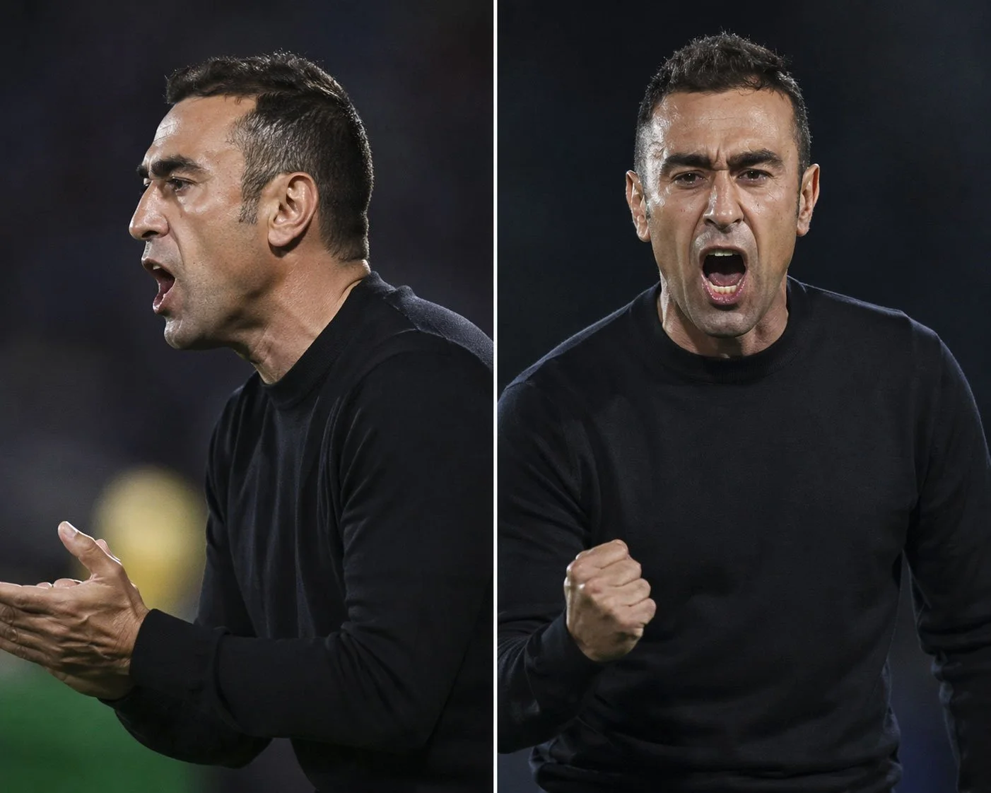 Dos hombres enérgicos y enojados, uno en el lado izquierdo con las palmas juntas y el otro en el derecho, gritando con el puño cerrado, ambos con camisetas negras, en un fondo oscuro.