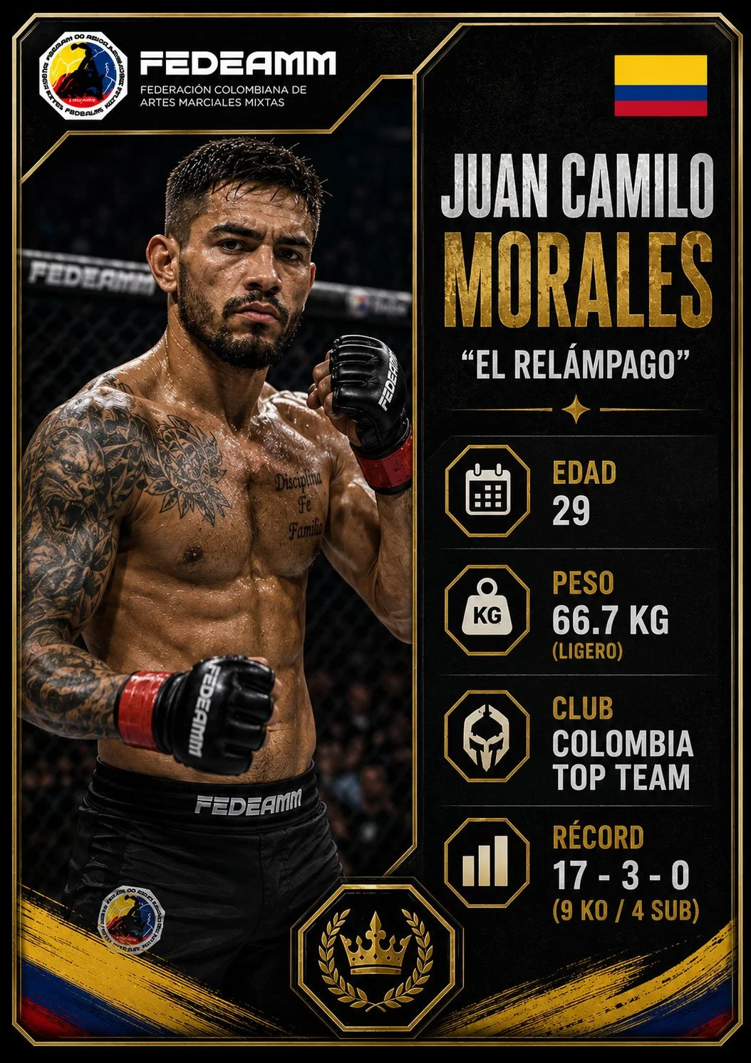Imagen de un luchador de artes marciales mixtas con tatuajes, en postura de combate en el octágono. A la derecha, información personal y estadísticas de Juan Camilo Morales, conocido como 'El Relámpago', incluyendo su edad (29), peso (66.7 kg), club (Colombia Top Team), y récord (17 victorias, 3 derrotas, 0 empates).
