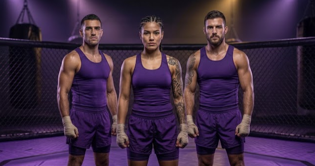 Tres luchadores en ropa deportiva morada en un gimnasio con jaula de combate.