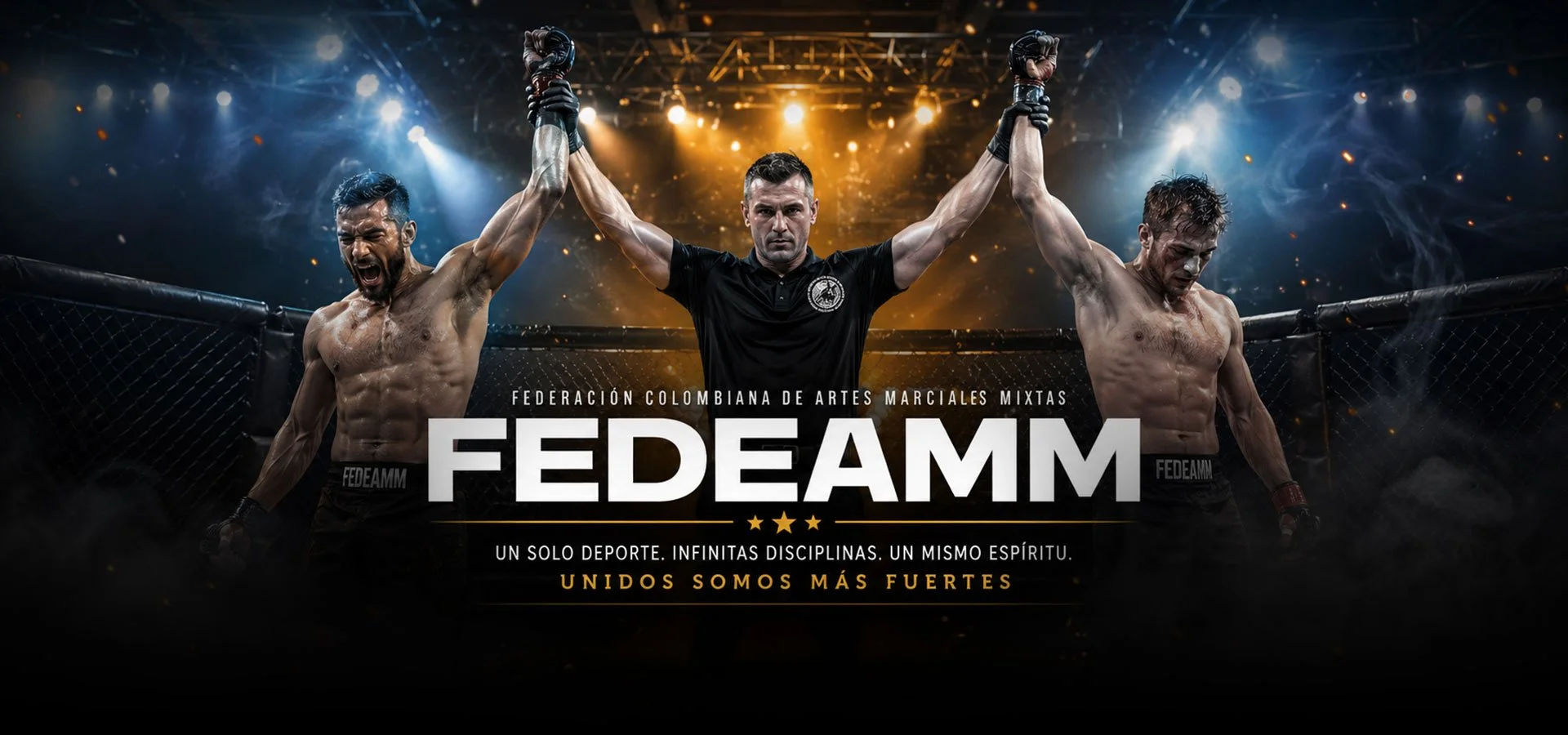 Dos luchadores de artes marciales en un ring con un árbitro, celebrando la victoria, con luces brillantes y humo, promoviendo la federación colombiana de artes marciales mixtas FEDEAMM.