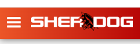 Logotipo de Sherdog en fondo rojo con letras blancas y una silueta de perro en negro.