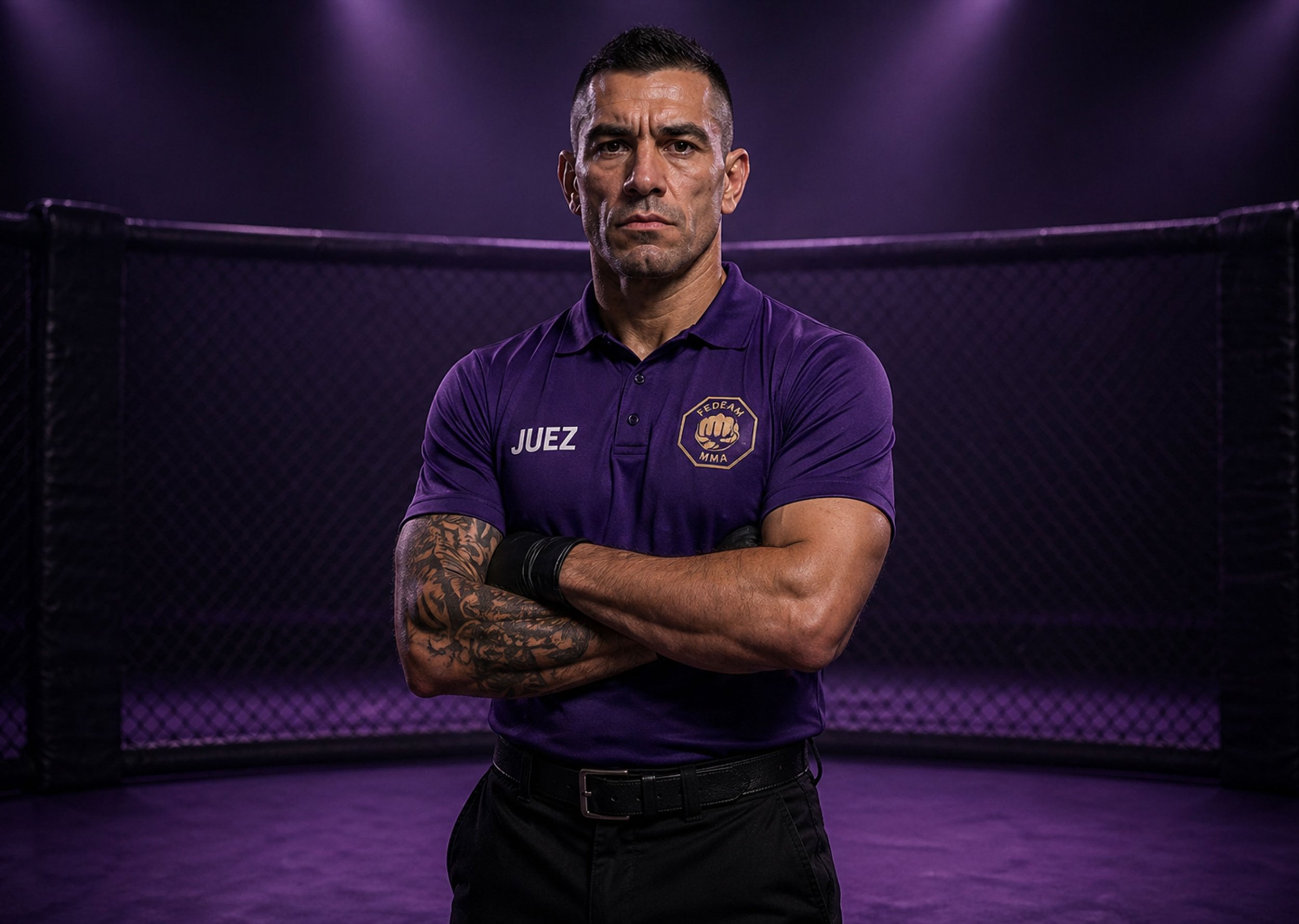 Hombre con cabello corto y tatuajes en brazos, vistiendo una camiseta morada con el escudo de MMA y la palabra 'JUEZ' en un entorno de jaula de artes marciales, con iluminación púrpura.
