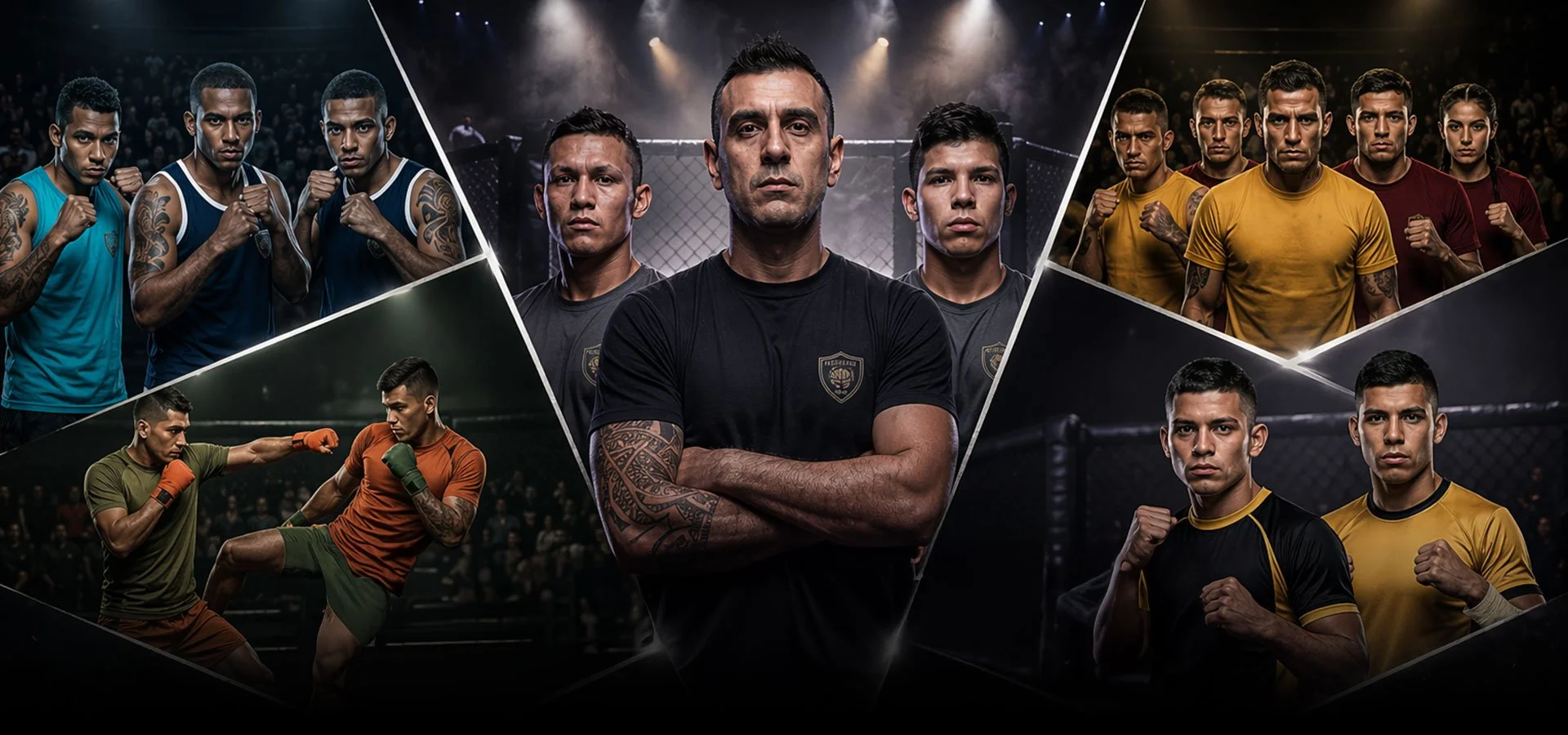 Comparación de diferentes escenas de artes marciales y combate en una competencia, con una figura central que está en primer plano con brazos cruzados.