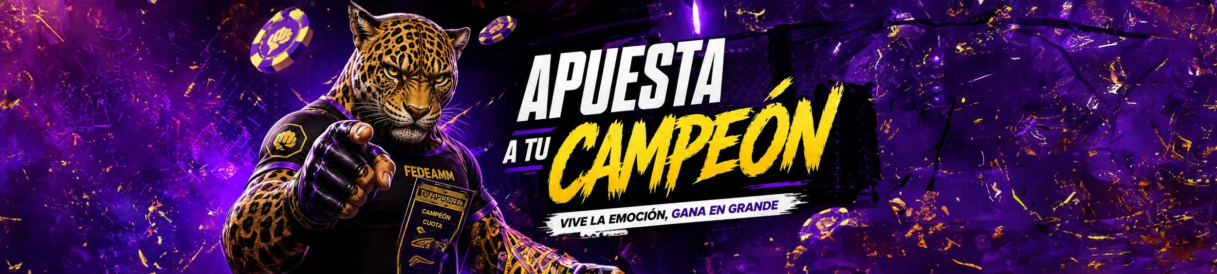 Una ilustración de un jaguar con uniforme de deportes que sostiene un gafete y un balón de póker. El fondo es de colores morados y dorados con el texto 'Apuesta a tu campeón' y frases motivacionales.