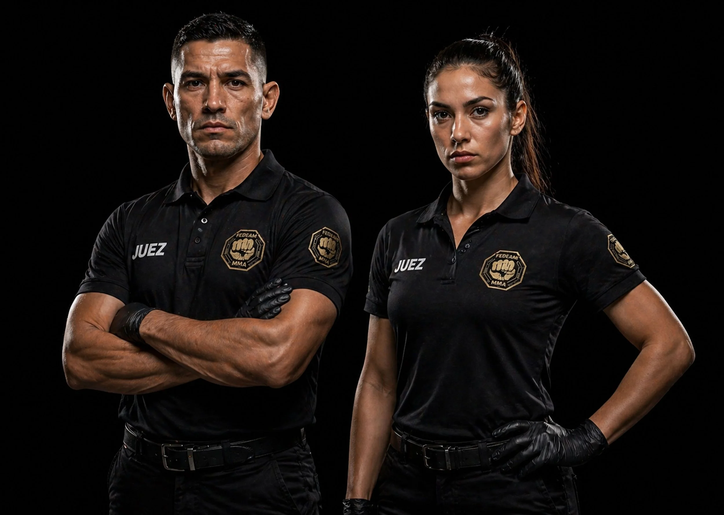 Dos personas vestidas con uniformes de árbitro de MMA, con logos y la palabra 'Juez' en las camisetas, posando con expresión seria y con los brazos cruzados, en un fondo negro.