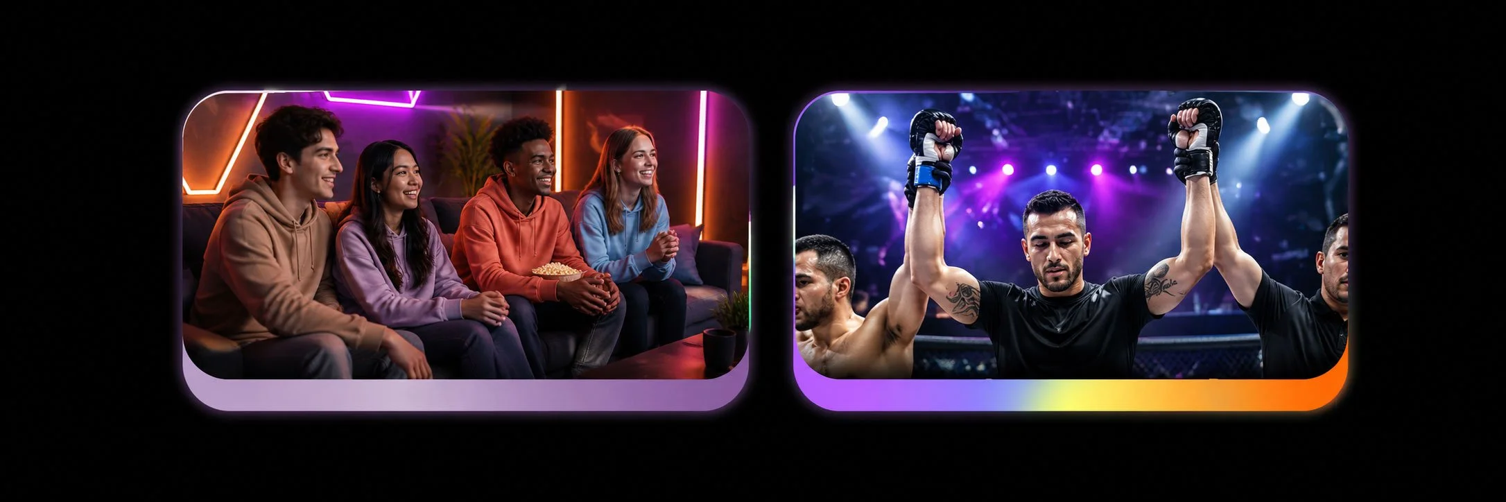 Grupo de jóvenes viendo televisión y disfrutando, junto a un luchador en el ring con guantes de boxeo levantando los brazos en victoria, en un escenario con luces coloridas.