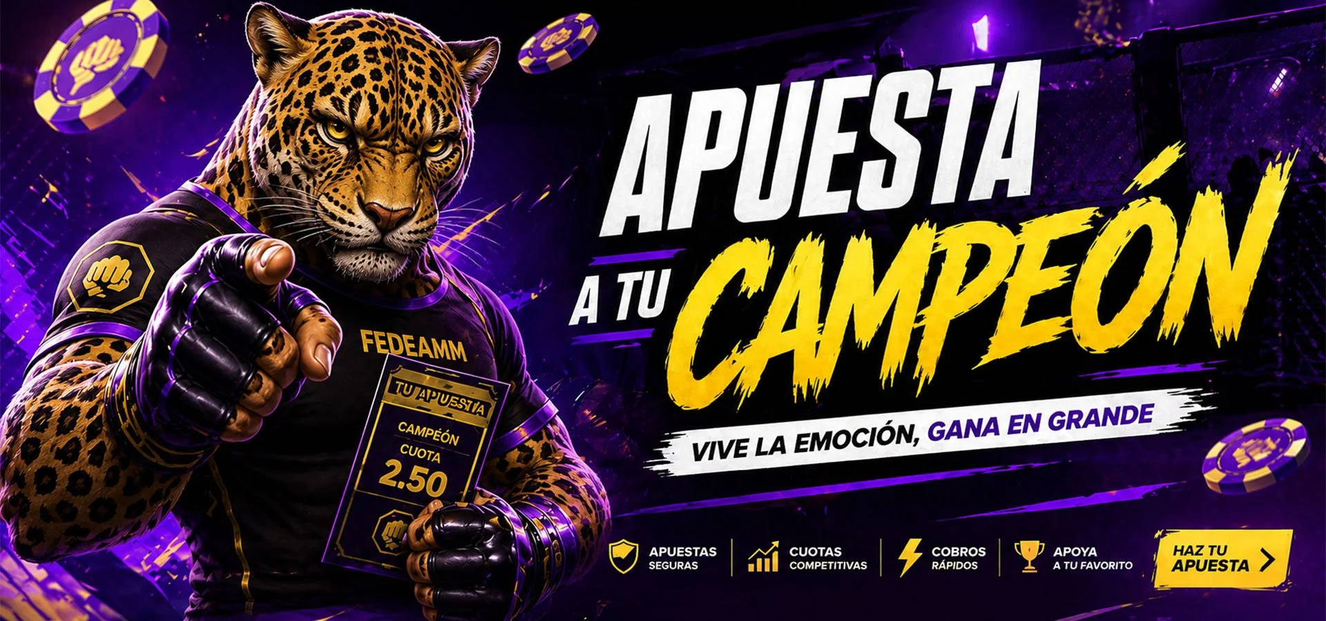 Un jaguar antropomórfico con guantes de boxeo y camiseta negra señala hacia la cámara, en un fondo púrpura con fichas de póker y texto promocional en español que invita a hacer apuestas deportivas para convertirse en campeón.