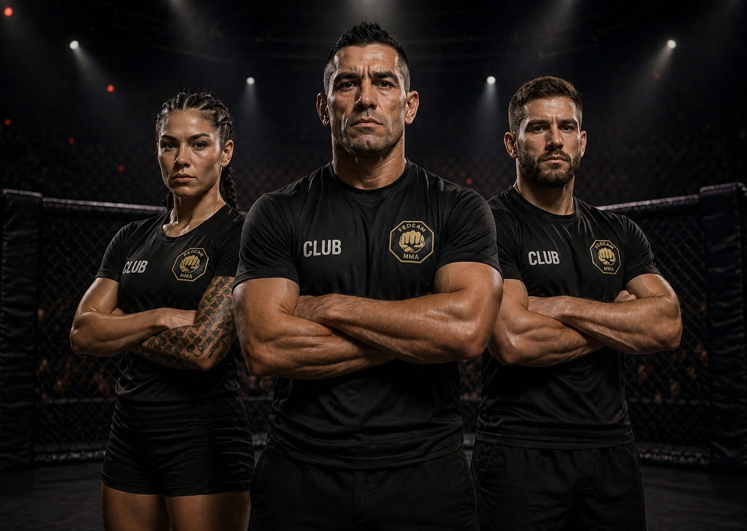 Tres luchadores de artes marciales mixtas con ropa negra y logotipo de club, posando de pie con brazos cruzados en un entorno con jaula de pelea.