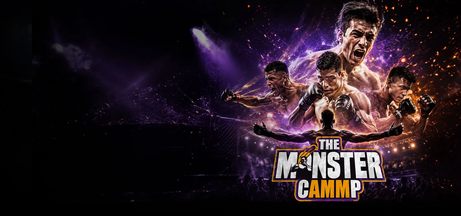 Cartel promocional del evento 'The Monster Camp' con luchadores en acción en un estadio con luces y efectos de explosiones en el fondo