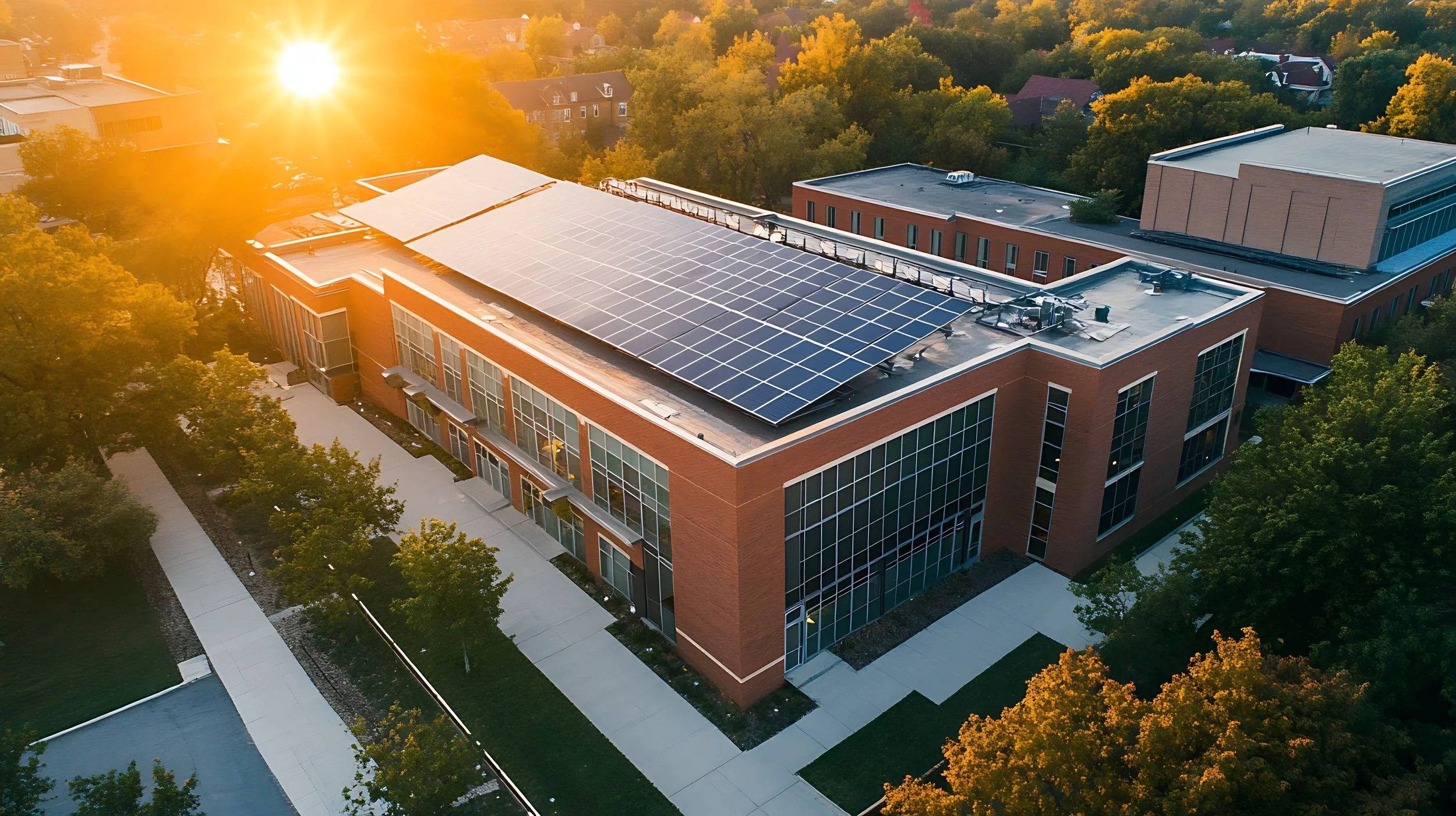 Aerial view of a building with solar panels on roof, surrounded by trees with fall foliage, as the sun sets.