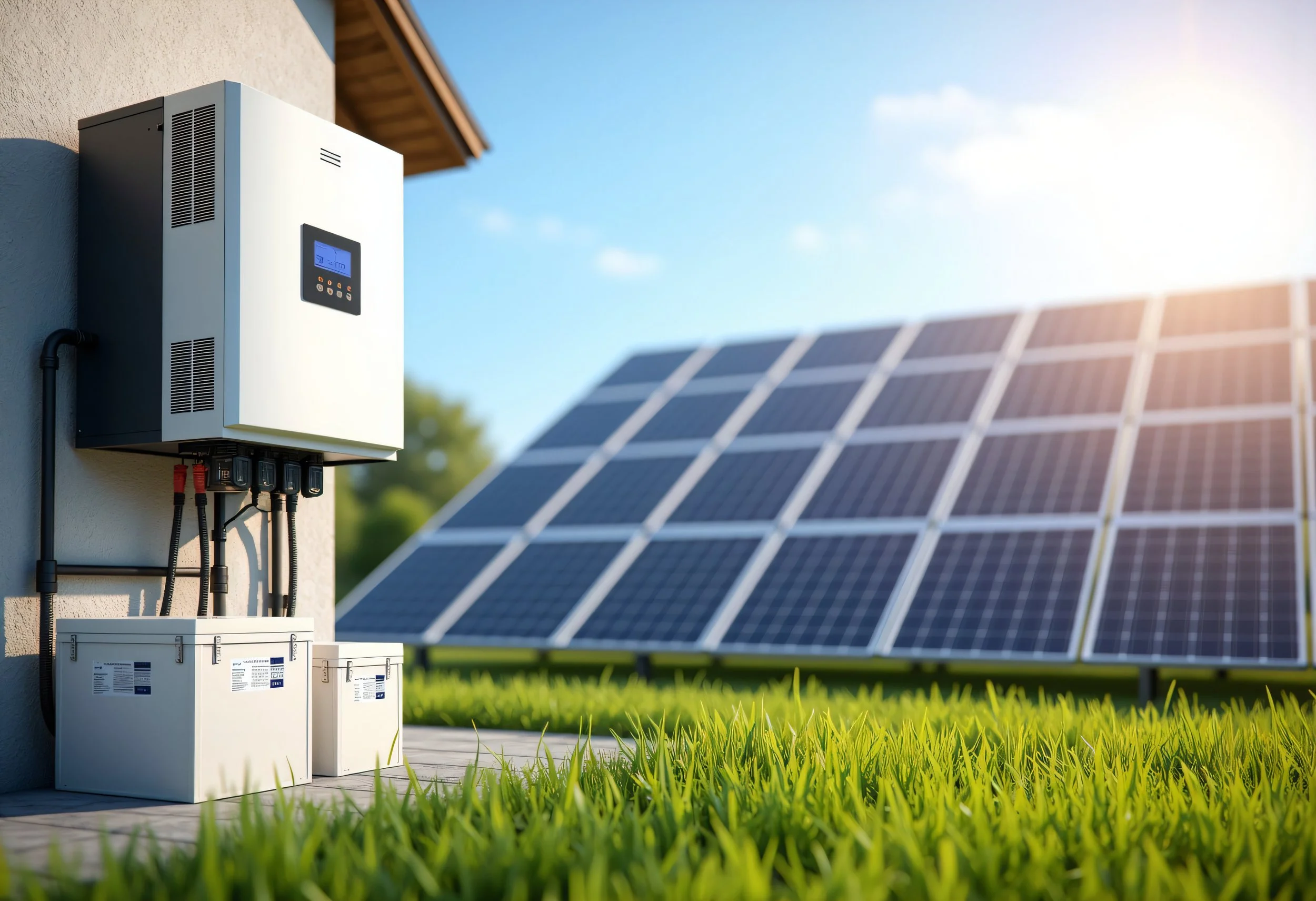 The image shows a white electrical inverter mounted on an exterior wall near solar panels, with the sun shining brightly in the sky, and green grass in the foreground.
