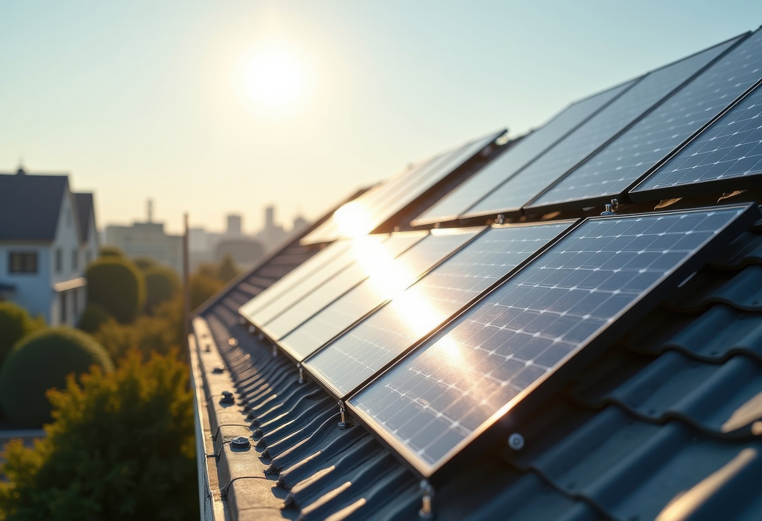 Solar panels installed on a rooftop with sunlight shining on them, and a neighborhood with houses and trees in the background.
