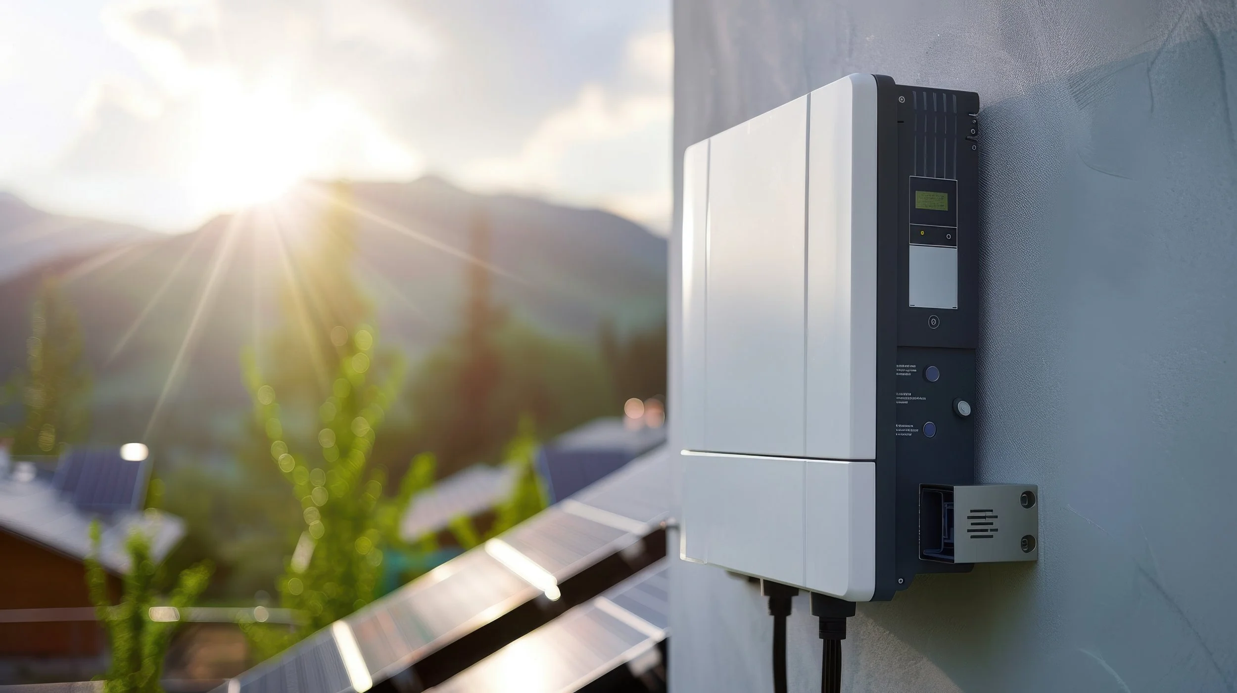 Electric inverter or charge controller mounted on a wall with sunlight and solar panels in the background.