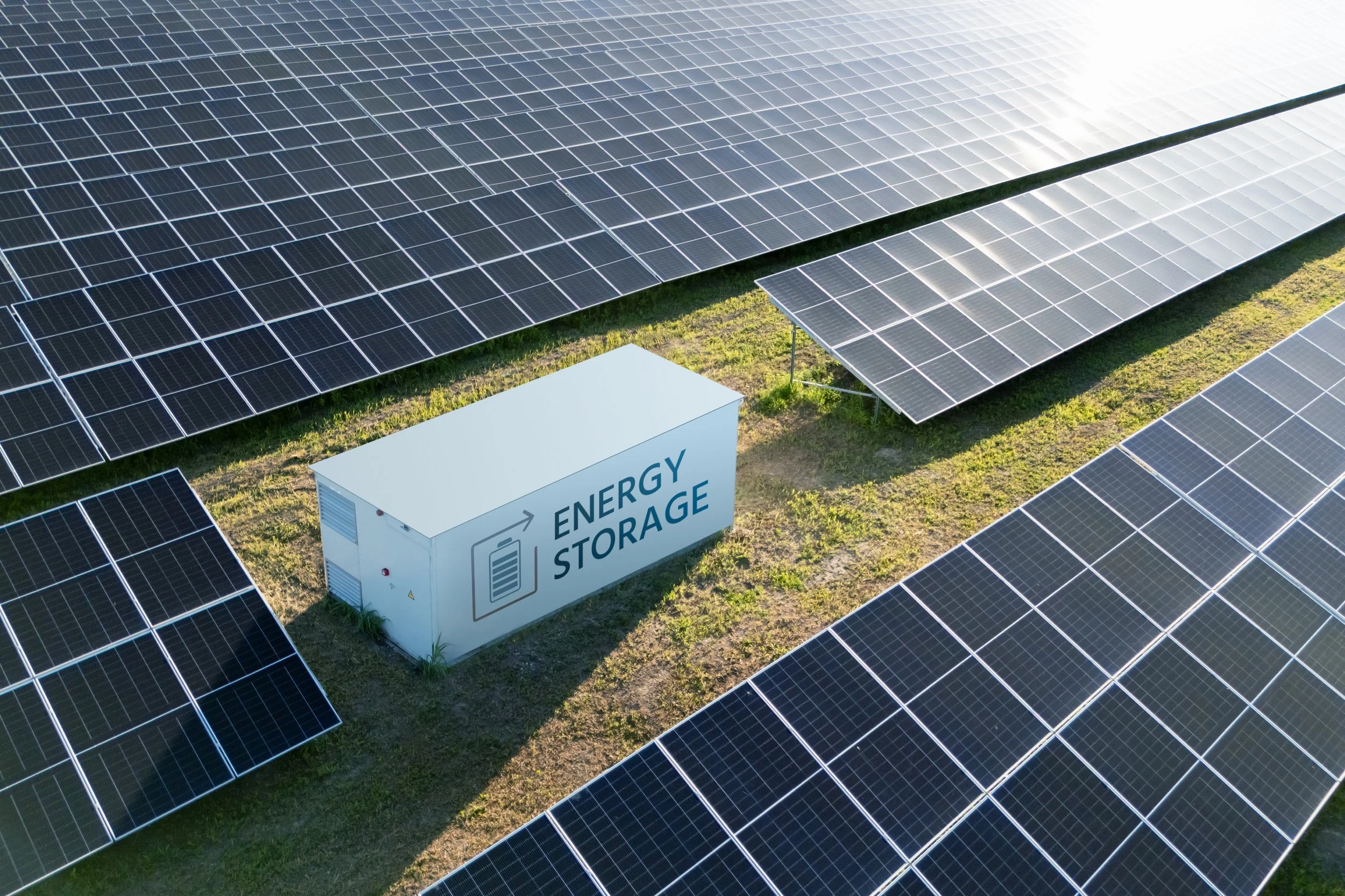 A large array of solar panels set on grassy terrain, with a white storage unit labeled 'Energy Storage' nearby.