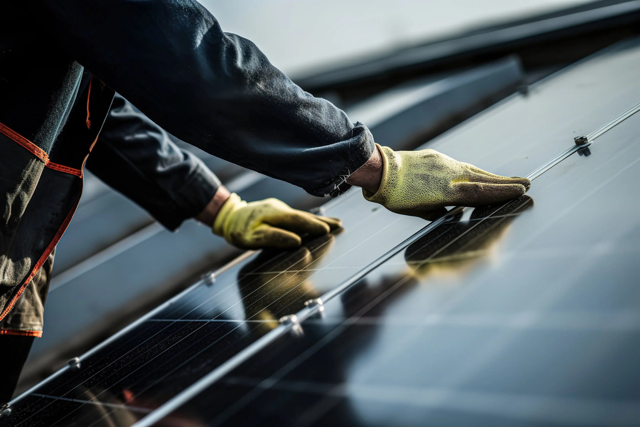 Person installing or inspecting solar panels on a rooftop, wearing gloves and dark clothing.