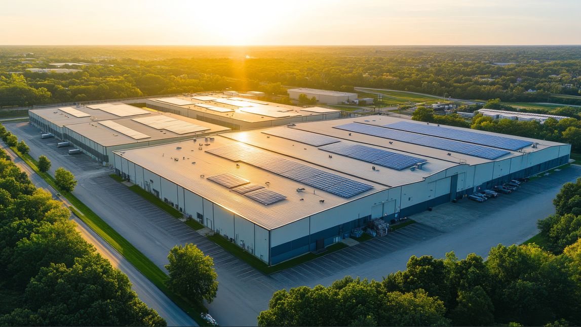 A large industrial warehouse with solar panels on the roof, surrounded by trees at sunset.