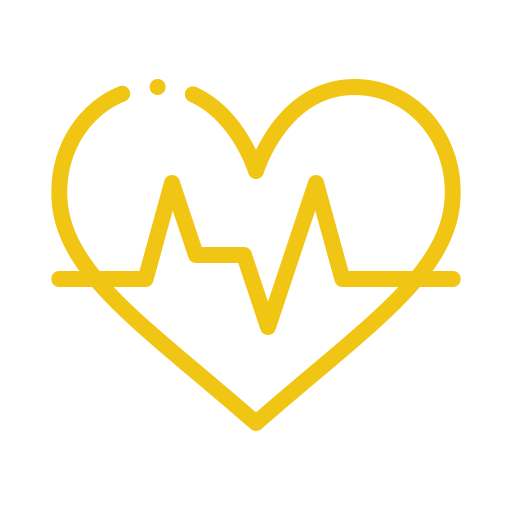 Yellow heart with a heartbeat line inside on a black background.