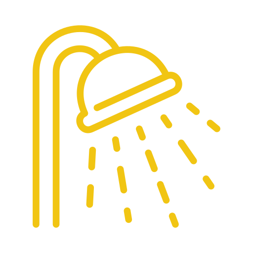 A yellow line drawing of a showerhead with water spray.