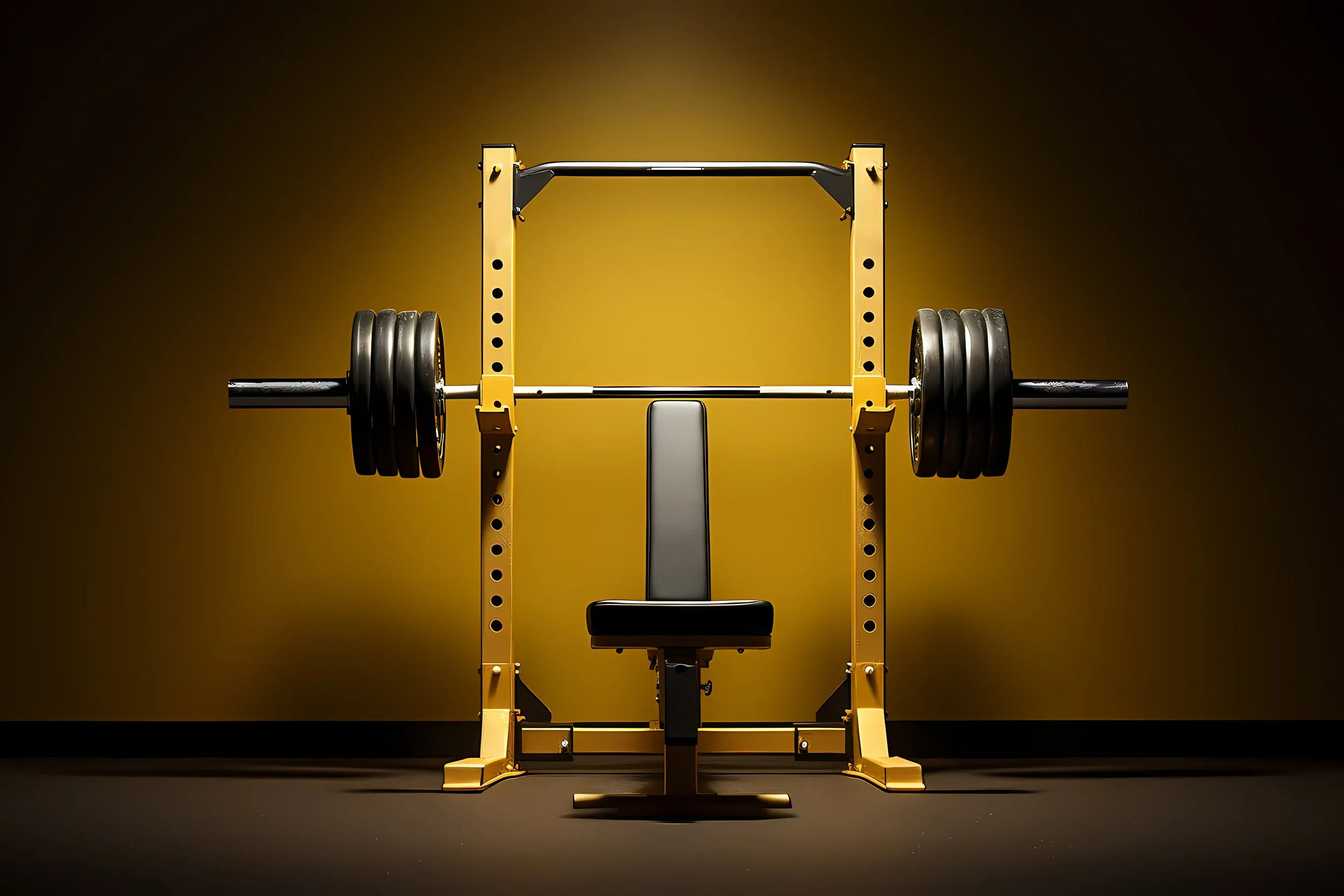 A yellow and black power rack with black weight plates loaded on the sides, placed against a dark background with a spotlight effect.
